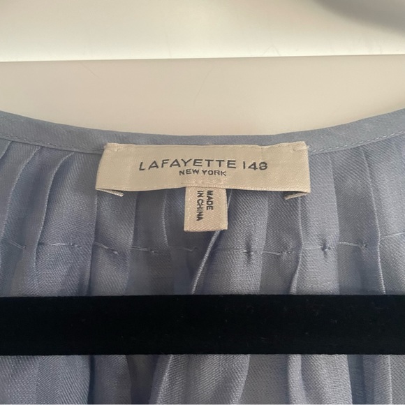 Lafayette 148 Chambray Lightweight Split Neck Blouse with Pom Pom Tassels Blue - Picture 5 of 6